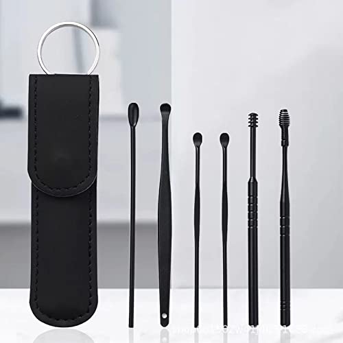 FENGFENGGUO (2 Paquetes) Juego de Herramientas limpiadoras de Cera de oídos de 6 Piezas, en Espiral con Cuchara limpiadora de oídos con Estuche de Almacenamiento portátil, para niños y Adultos, Negro