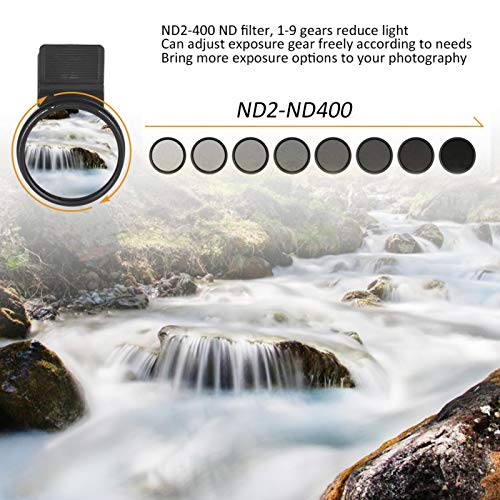 Filtro de lente ND de 37 mm para teléfono, kit de filtro de lente de cámara de teléfono móvil ND2-400 con clip, filtro de densidad neutra ajustable, con clip de lente, para la mayoría de los teléfonos