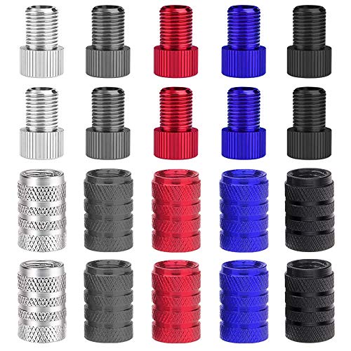 FineGood Adaptadores de válvula Presta de 20 piezas y tapas de vástago de válvula, Adaptador de bomba de aleación de aluminio de 10 piezas, Convertir Presta a Schrader, con 10 unidades de tapas
