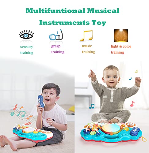 fiouni 5 en 1 Juguetes Musicales para bebés para niños, batería de Piano multifunción, Desarrollo temprano, Juguetes Musicales educativos, Regalo para niños, niñas, 12 Meses Arriba (Azul)