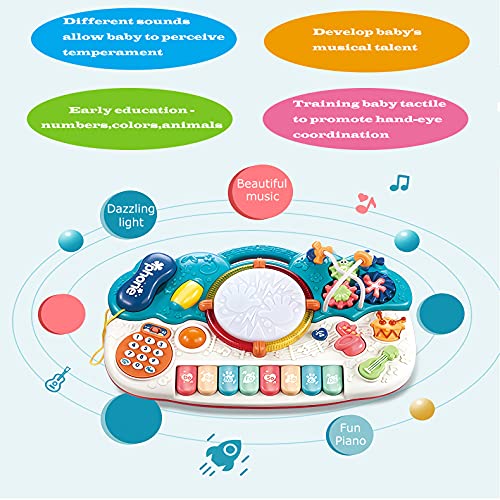 fiouni 5 en 1 Juguetes Musicales para bebés para niños, batería de Piano multifunción, Desarrollo temprano, Juguetes Musicales educativos, Regalo para niños, niñas, 12 Meses Arriba (Azul)