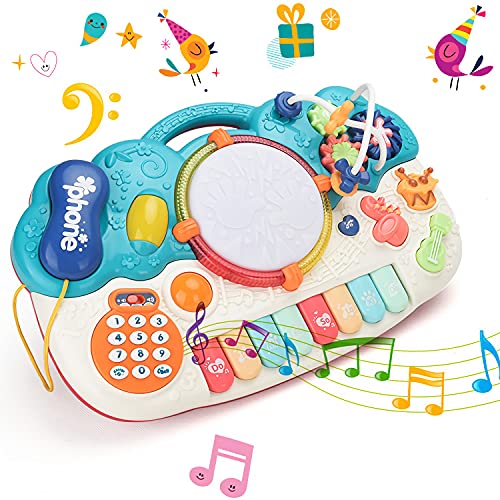 fiouni 5 en 1 Juguetes Musicales para bebés para niños, batería de Piano multifunción, Desarrollo temprano, Juguetes Musicales educativos, Regalo para niños, niñas, 12 Meses Arriba (Azul)