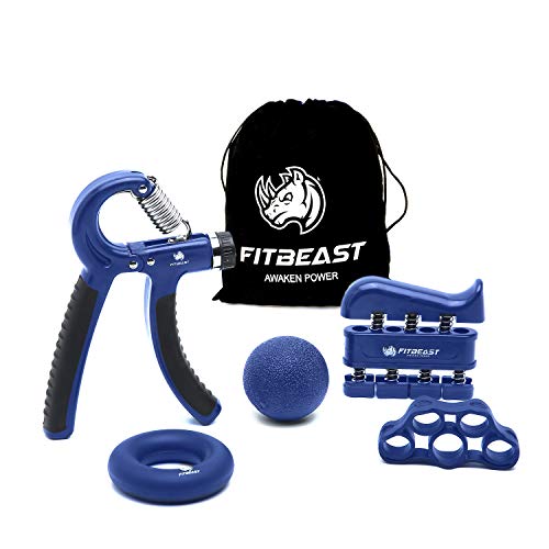 FitBeast Kit de Entrenamiento para Ejercitar el Agarre – Paquete de 5 Piezas, Pinzas para Manos Ajustables, Ejercicio para Dedos, para Estirar los Dedos, Anillo para Entrenar y Pelota Anti Estrés