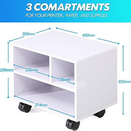 FITUEYES Soporte para Impresora Madera Blanco 3 Compartimientos con Ruedas Carrito Organizador para Oficina Casa 40x30x35cm PS304005WW