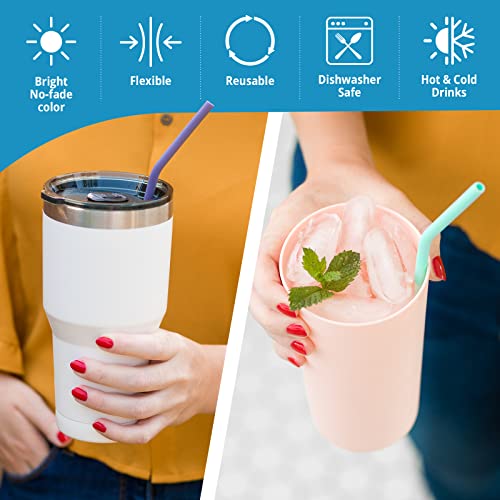 Flathead Pajitas De Silicona Reutilizables Rectas (Juego De 10) - Compatible Con Un Vaso De 20 Onzas - Viene Con Un Cepillo De Pajitas Para Limpieza