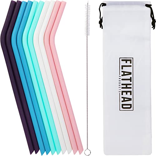 Flathead Pajitas De Silicona Reutilizables Rectas (Juego De 10) - Compatible Con Un Vaso De 20 Onzas - Viene Con Un Cepillo De Pajitas Para Limpieza