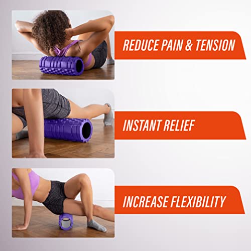 Foam Roller - Rodillo de espuma para masaje muscular (Libro de ejercicios incluido) diseño de rejilla para accionar la terapia de puntos para el dolor de espalda y los músculos de las piernas - 33 x 14 cm