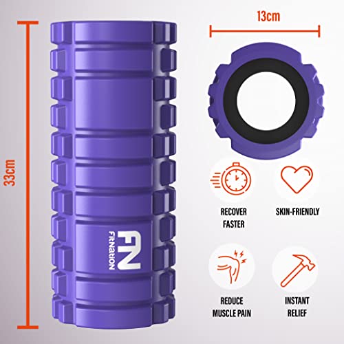 Foam Roller - Rodillo de espuma para masaje muscular (Libro de ejercicios incluido) diseño de rejilla para accionar la terapia de puntos para el dolor de espalda y los músculos de las piernas - 33 x 14 cm