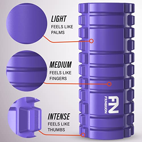 Foam Roller - Rodillo de espuma para masaje muscular (Libro de ejercicios incluido) diseño de rejilla para accionar la terapia de puntos para el dolor de espalda y los músculos de las piernas - 33 x 14 cm