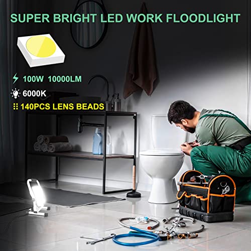 Foco de Trabajo LED 100W,10000LM Focos LED Portátil con 5M Cable, Impermeable Trabajo LED Proyector para Uso en Interiores y Exteriores,6000K Luz Blanca, para Obra/Taller/Garaje/Camping