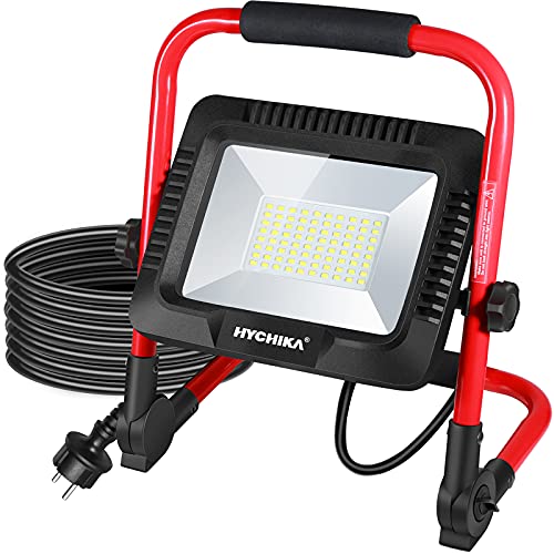 Foco de Trabajo LED 50W, HYCHIKA Luz de Trabajo con 6500K Blanco Brillante, 5500 LM, Ajustar Brillo, IP65 Impermeable para Usar en Exterior, Cable de 3M, para Obras, Jardines, Foco LED Portátil