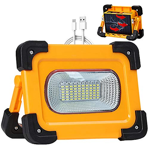 Foco de Trabajo LED Exterior Portátil Solar 80W con Panel Solar, Luz de Trabajo USB Recargable 11000mAh Incorporadas Batería, 4 Modos de Iluminación Impermeable para Camping, Garaje, SOS Emergencia