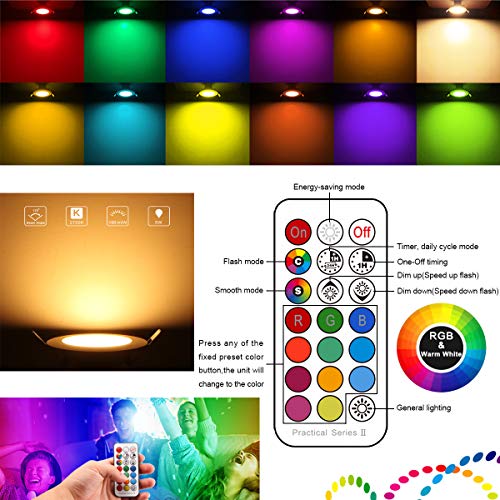Focos empotrables LED RGBW, Redondo regulable Lámparas de techo cambiantes de color led con controlador de LED incorporado y control remoto para sala de estar, dormitorio (6Pack, RGB+Warm White, 5W)