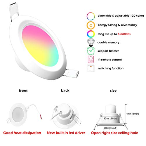 Focos empotrables LED RGBW, Redondo regulable Lámparas de techo cambiantes de color led con controlador de LED incorporado y control remoto para sala de estar, dormitorio (6Pack, RGB+Warm White, 5W)