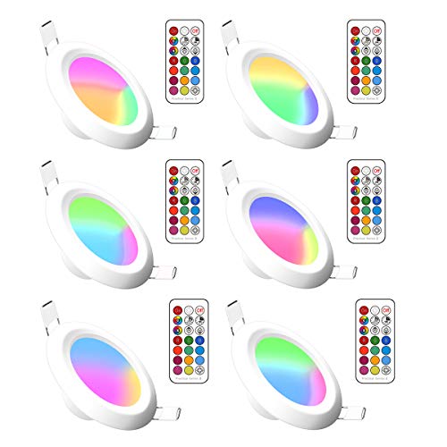 Focos empotrables LED RGBW, Redondo regulable Lámparas de techo cambiantes de color led con controlador de LED incorporado y control remoto para sala de estar, dormitorio (6Pack, RGB+Warm White, 5W)