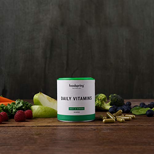 foodspring Daily Vitamins, 100 cápsulas, Suplemento multivitamínico de alta calidad con la dosis diaria requerida de vitaminas D, C, B12