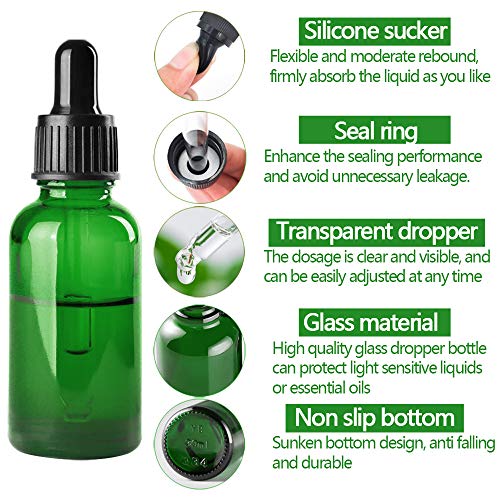 Frasco gotero de vidrio,Frasco de pipeta 30ml Frasco de vidrio vacío para aceites esenciales -Paquete de 6 (verde + marrón)