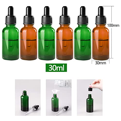 Frasco gotero de vidrio,Frasco de pipeta 30ml Frasco de vidrio vacío para aceites esenciales -Paquete de 6 (verde + marrón)
