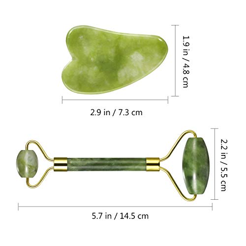 Frcolor Anti-envejecimiento Jade Roller Therapy y Gua Sha Scraping Tool Set Natural jade facial roller Doble Cuello Curación Adelgazante Masajeador