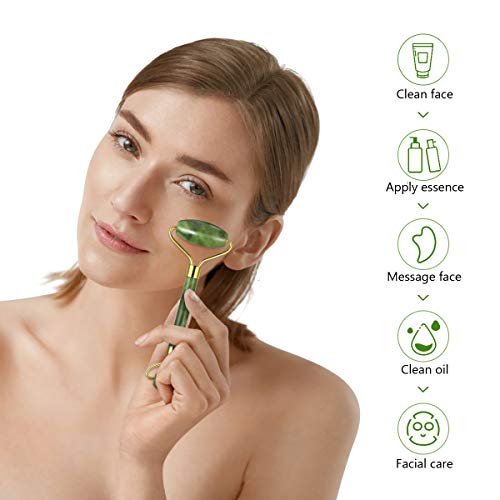 Frcolor Anti-envejecimiento Jade Roller Therapy y Gua Sha Scraping Tool Set Natural jade facial roller Doble Cuello Curación Adelgazante Masajeador
