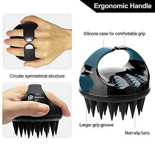 FREATECH Cepillo Champu Masajeador Cuero Cabelludo con Cerdas Silicona Largas & Suaves para Cuidado Cabello y Masaje Cabeza, Cepillo Lavar Pelo para Eliminar Caspa y Crecimiento Cabello, Negro