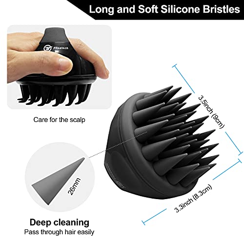 FREATECH Cepillo Champu Masajeador Cuero Cabelludo con Cerdas Silicona Largas & Suaves para Cuidado Cabello y Masaje Cabeza, Cepillo Lavar Pelo para Eliminar Caspa y Crecimiento Cabello, Negro