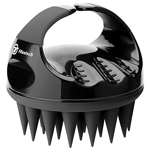 FREATECH Cepillo Champu Masajeador Cuero Cabelludo con Cerdas Silicona Largas & Suaves para Cuidado Cabello y Masaje Cabeza, Cepillo Lavar Pelo para Eliminar Caspa y Crecimiento Cabello, Negro
