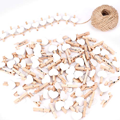 FT-SHOP Clips de Fotos de 100 Piezas Mini Pinzas de Madera Fotográfico Clavijas en Forma de Corazón Craft Clips con 30m Cordel de Yute para Foto Titular de Tarjeta de decoración y Bricolaje Artesanal