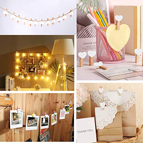 FT-SHOP Clips de Fotos de 100 Piezas Mini Pinzas de Madera Fotográfico Clavijas en Forma de Corazón Craft Clips con 30m Cordel de Yute para Foto Titular de Tarjeta de decoración y Bricolaje Artesanal