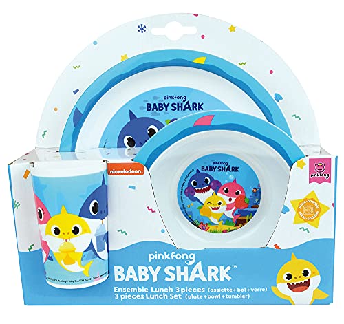 FUN HOUSE Baby Shark 005976 - Juego de platos (22 cm de diámetro, 16 cm de diámetro, cristal de 220 ml)