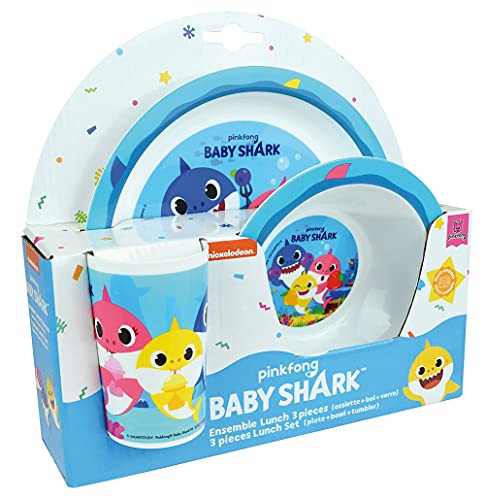 FUN HOUSE Baby Shark 005976 - Juego de platos (22 cm de diámetro, 16 cm de diámetro, cristal de 220 ml)
