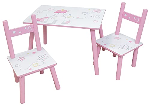 Fun House Unicornio Mesa Rectangular de 41,5 x 61 x 42 cm + 2 sillas de 49,5 x 31 x 31,5 cm para niños, MDF, Blanco Rosa, niño