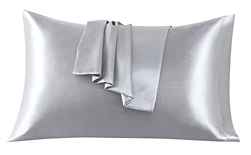Funda de Almohada Satén, Paquete de 2 Fundas de Almohadas Súper Suaves Fundas con Cierre de sobre, Protege Cabello y Piel, Cuidado de la Cara, Plata 45 x 70 cm