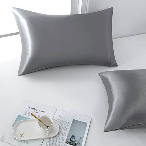 Funda de Almohada Satén, Paquete de 2 Fundas de Almohadas Súper Suaves Fundas con Cierre de sobre, Protege Cabello y Piel, Cuidado de la Cara, Plata 45 x 70 cm