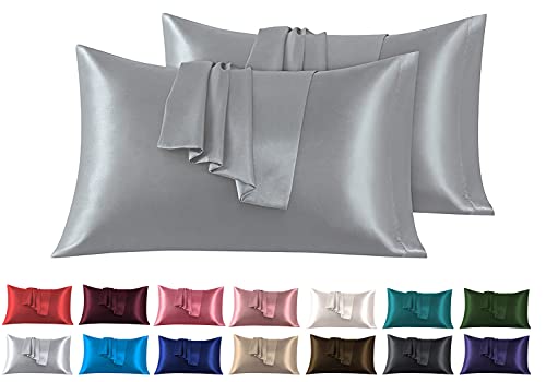 Funda de Almohada Satén, Paquete de 2 Fundas de Almohadas Súper Suaves Fundas con Cierre de sobre, Protege Cabello y Piel, Cuidado de la Cara, Plata 45 x 70 cm