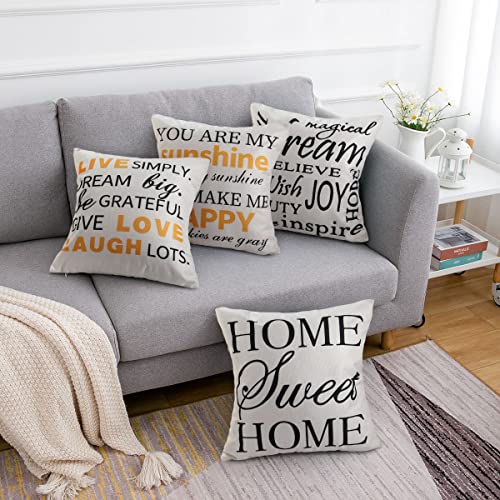 Funda de Cojín 45x45 Cojín de Sofá 4 Cojines de Lino para Cojín Decorativo Al Aire Libre Canape Letra Inglesa Negro Yamarillo para Sofá Silla Dormitorio Al Aire Libre