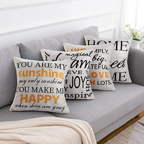 Funda de Cojín 45x45 Cojín de Sofá 4 Cojines de Lino para Cojín Decorativo Al Aire Libre Canape Letra Inglesa Negro Yamarillo para Sofá Silla Dormitorio Al Aire Libre