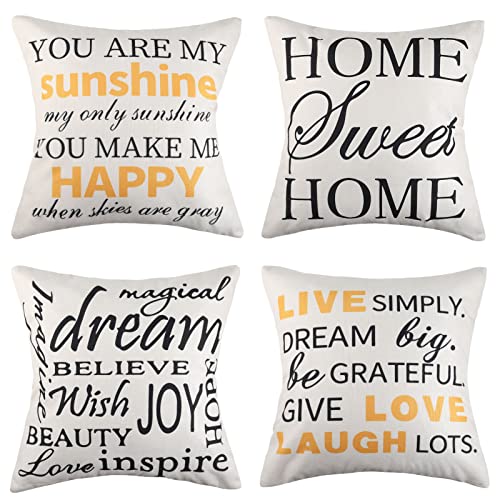 Funda de Cojín 45x45 Cojín de Sofá 4 Cojines de Lino para Cojín Decorativo Al Aire Libre Canape Letra Inglesa Negro Yamarillo para Sofá Silla Dormitorio Al Aire Libre