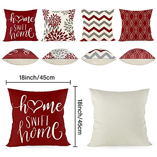 Funda de cojín de 45 x 45 cm, juego de 4 con Home Sweet Home, funda de cojín decorativa con cremallera oculta, cojín de sofá, cojín de sofá de Navidad (rojo)