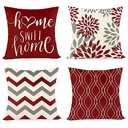 Funda de cojín de 45 x 45 cm, juego de 4 con Home Sweet Home, funda de cojín decorativa con cremallera oculta, cojín de sofá, cojín de sofá de Navidad (rojo)