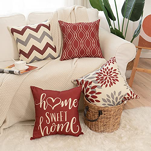 Funda de cojín de 45 x 45 cm, juego de 4 con Home Sweet Home, funda de cojín decorativa con cremallera oculta, cojín de sofá, cojín de sofá de Navidad (rojo)