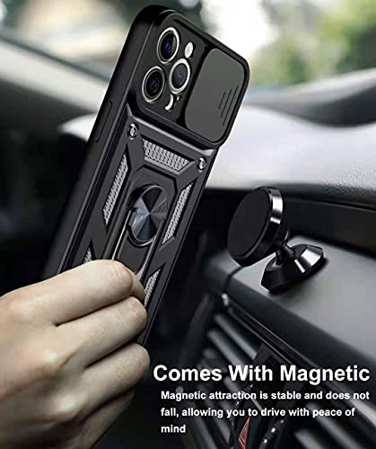 Funda para iPhone 13 Pro, Soporte Giratorio de 360 Grados con Anillo de Dedo + Tapa Deslizante para La CáMara Phone Case una Funda para TeléFono MóVil con Doble Efecto Anti (Negro)