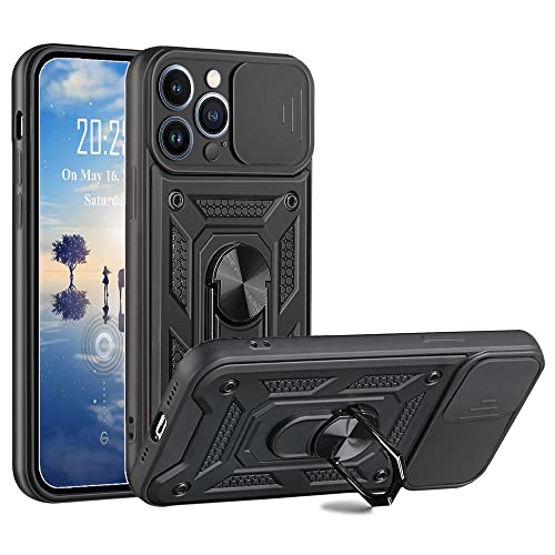 Funda para iPhone 13 Pro, Soporte Giratorio de 360 Grados con Anillo de Dedo + Tapa Deslizante para La CáMara Phone Case una Funda para TeléFono MóVil con Doble Efecto Anti (Negro)