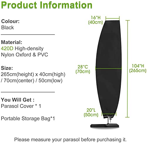 Funda para Sombrilla Jardín, Funda para Parasol, Funda Protectora de Sombrilla, 420D Tela Oxford, Equipado con Varilla Telescópica, Impermeable, Antipolvo, Anti-UV (265 x 70 x 40/50cm)