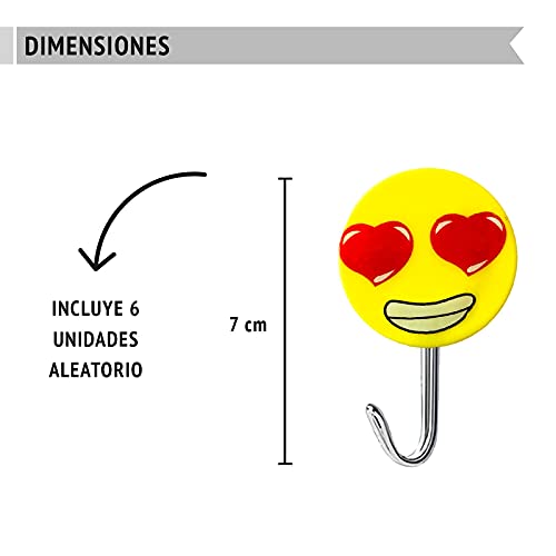 Ganchos Adhesivos Pared decorativos, 6 colgadores infantiles, resistentes de acero inoxidable, accesorios de baño sin taladro ni clavos, Facil instalacion. Fuerte agarre para colgar-Caras Emoticonos