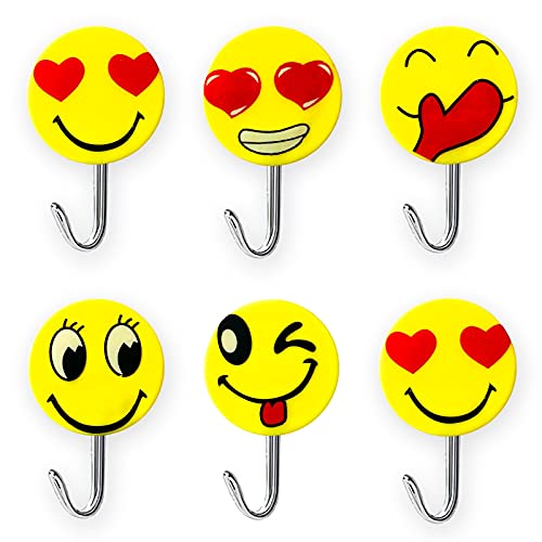 Ganchos Adhesivos Pared decorativos, 6 colgadores infantiles, resistentes de acero inoxidable, accesorios de baño sin taladro ni clavos, Facil instalacion. Fuerte agarre para colgar-Caras Emoticonos