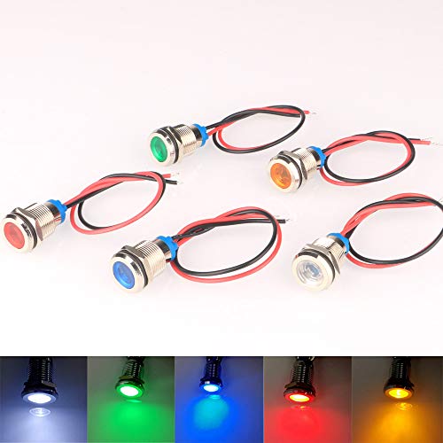 Gebildet 5 Pcs 12mm 12/24VCC LED Luz Indicadora de Metal Impermeable láMpara de Señal Piloto Tablero Direccional Coche Camión Barco con Cable