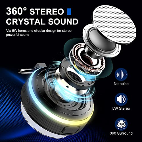 Geryst Altavoz Bluetooth Ducha, Mini Altavoces Portatil Bluetooth 5.0 Extra Bass, IPX7 Impermeable Altavoz Inalámbrico con Mic, Ventosa, Anillo Colgante, luz LED, Radio FM, para Fiesta Piscina