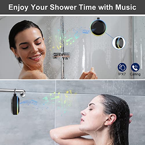 Geryst Altavoz Bluetooth Ducha, Mini Altavoces Portatil Bluetooth 5.0 Extra Bass, IPX7 Impermeable Altavoz Inalámbrico con Mic, Ventosa, Anillo Colgante, luz LED, Radio FM, para Fiesta Piscina
