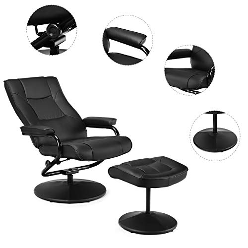 GIANTEX Sillón de Relax con Taburete, Reclinable 150° y Giratorio 360° para Salón, Estudio, Oficina, Color Negro (Negro)
